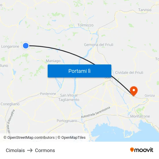 Cimolais to Cormons map