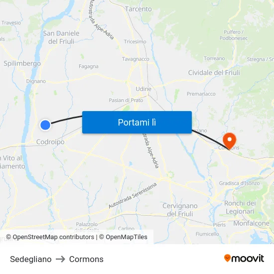 Sedegliano to Cormons map