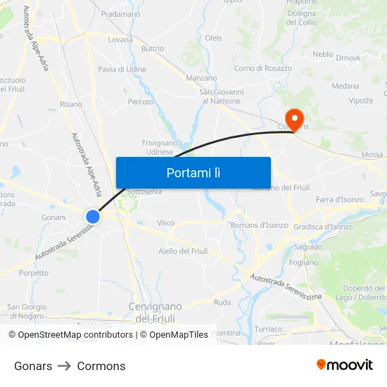 Gonars to Cormons map