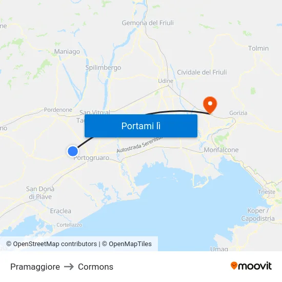 Pramaggiore to Cormons map