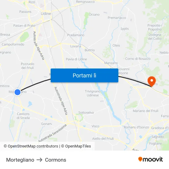 Mortegliano to Cormons map