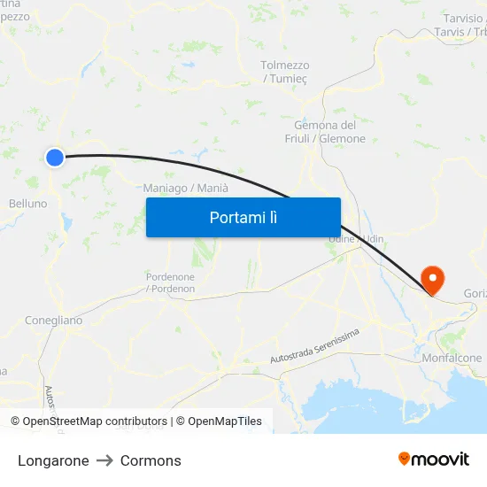 Longarone to Cormons map