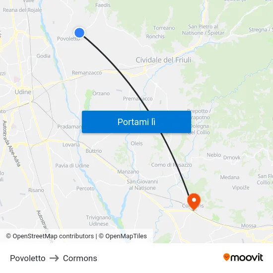Povoletto to Cormons map