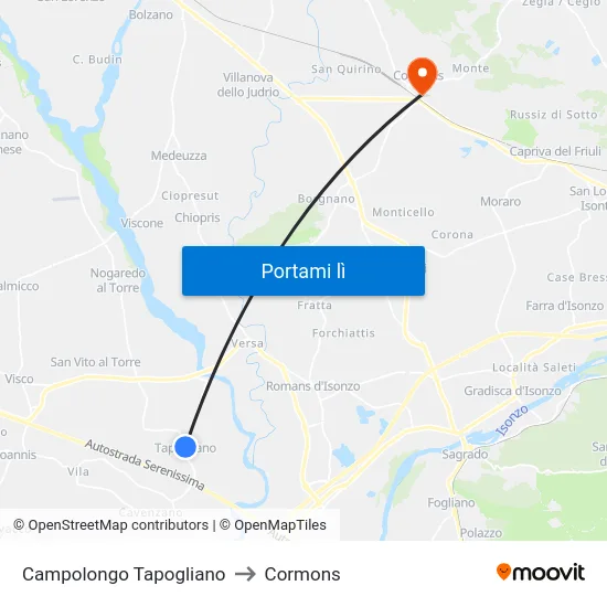 Campolongo Tapogliano to Cormons map