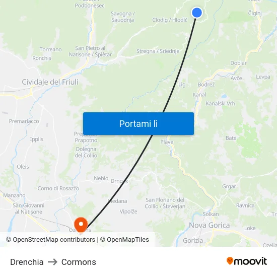 Drenchia to Cormons map