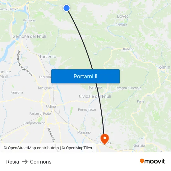 Resia to Cormons map