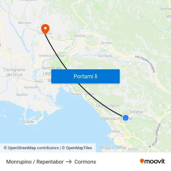 Monrupino / Repentabor to Cormons map