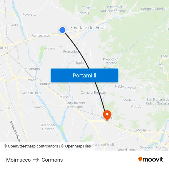 Moimacco to Cormons map