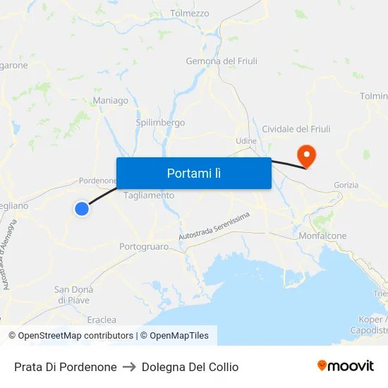 Prata Di Pordenone to Dolegna Del Collio map