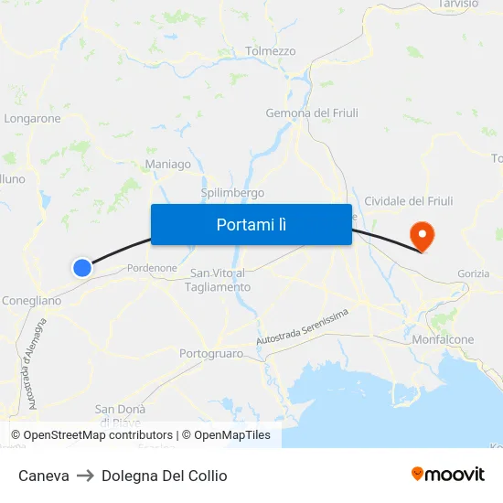 Caneva to Dolegna Del Collio map