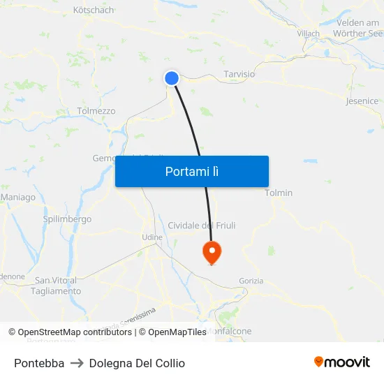 Pontebba to Dolegna Del Collio map
