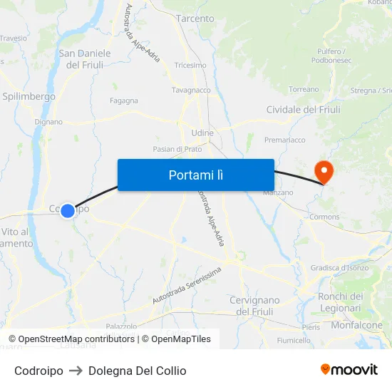 Codroipo to Dolegna Del Collio map