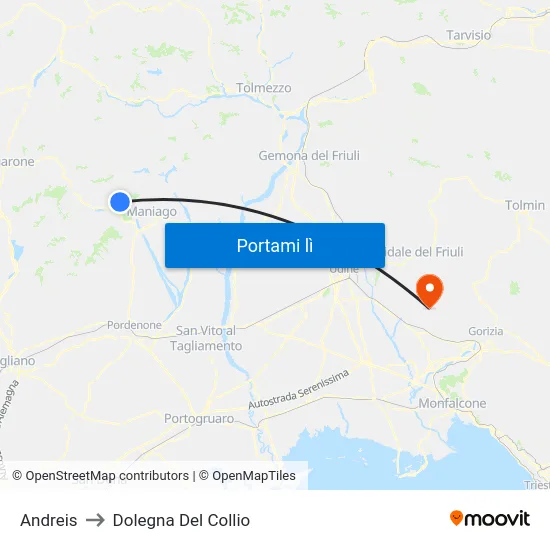 Andreis to Dolegna Del Collio map