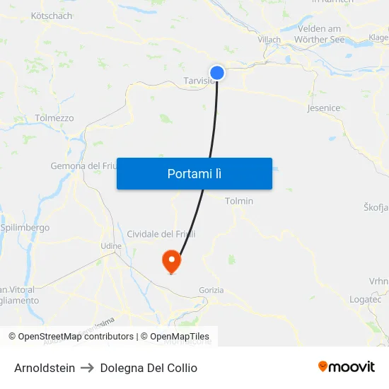 Arnoldstein to Dolegna Del Collio map