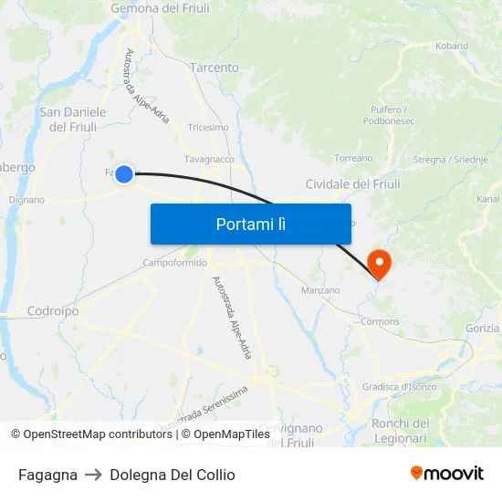 Fagagna to Dolegna Del Collio map