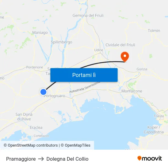 Pramaggiore to Dolegna Del Collio map
