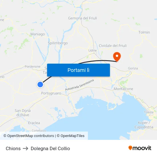 Chions to Dolegna Del Collio map
