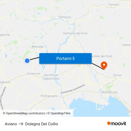 Aviano to Dolegna Del Collio map