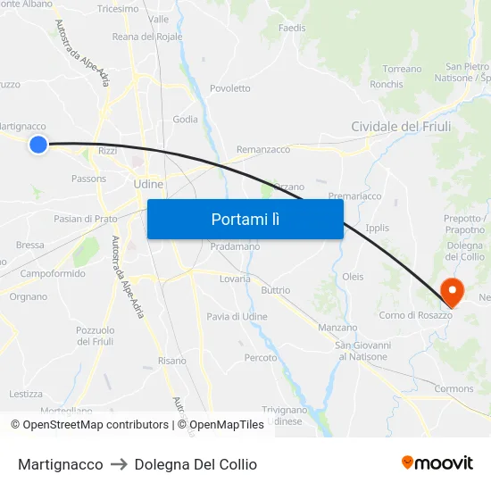 Martignacco to Dolegna Del Collio map