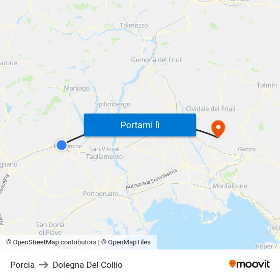Porcia to Dolegna Del Collio map