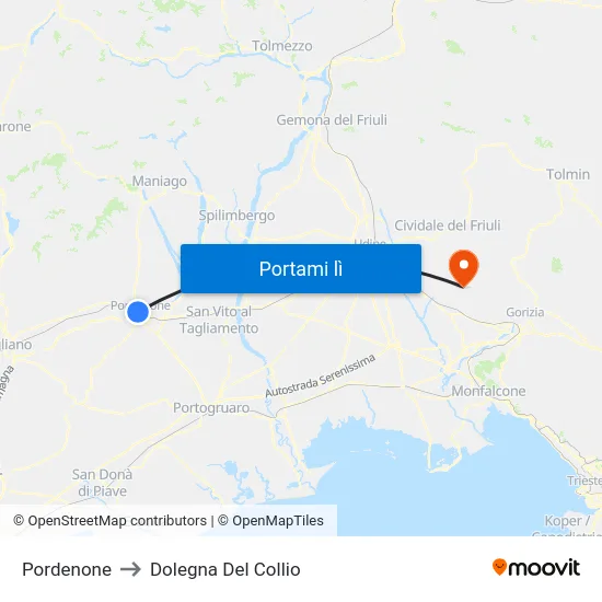 Pordenone to Dolegna Del Collio map