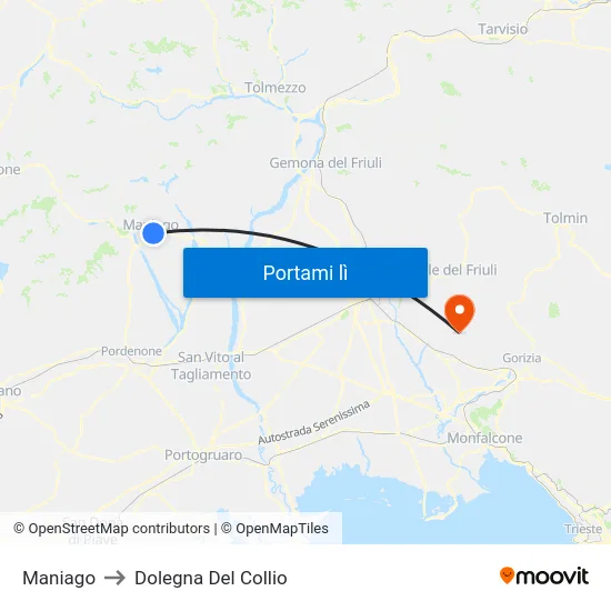 Maniago to Dolegna Del Collio map