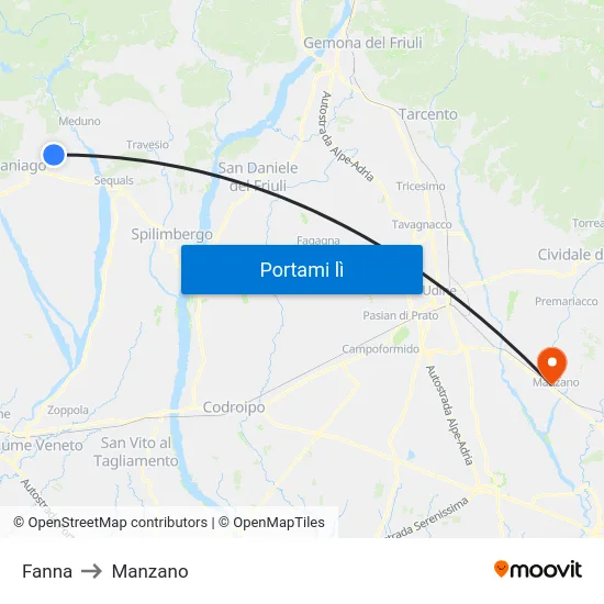 Fanna to Manzano map