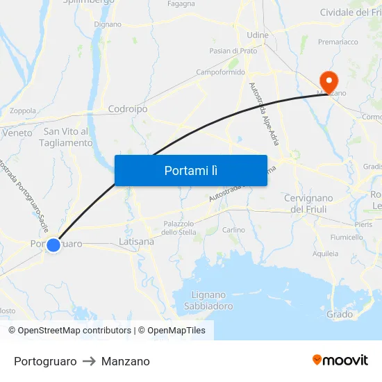 Portogruaro to Manzano map