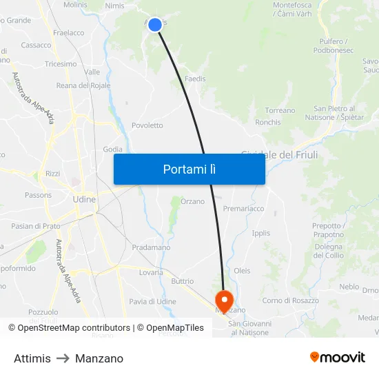 Attimis to Manzano map