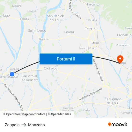 Zoppola to Manzano map