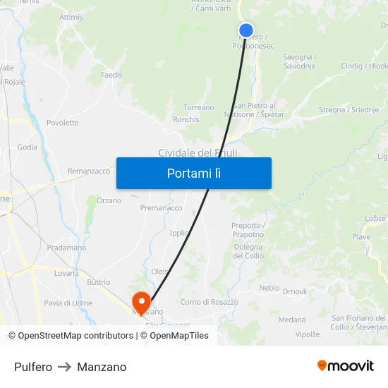 Pulfero to Manzano map