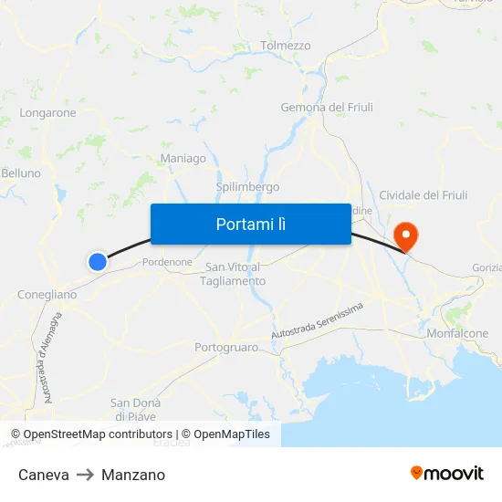 Caneva to Manzano map