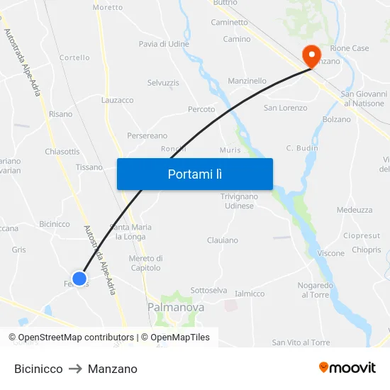 Bicinicco to Manzano map