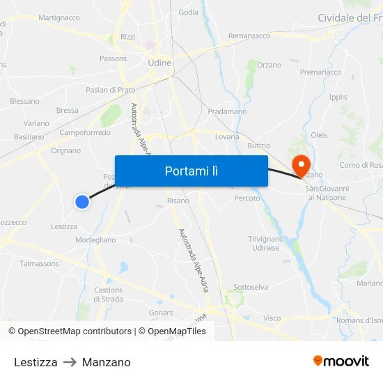 Lestizza to Manzano map