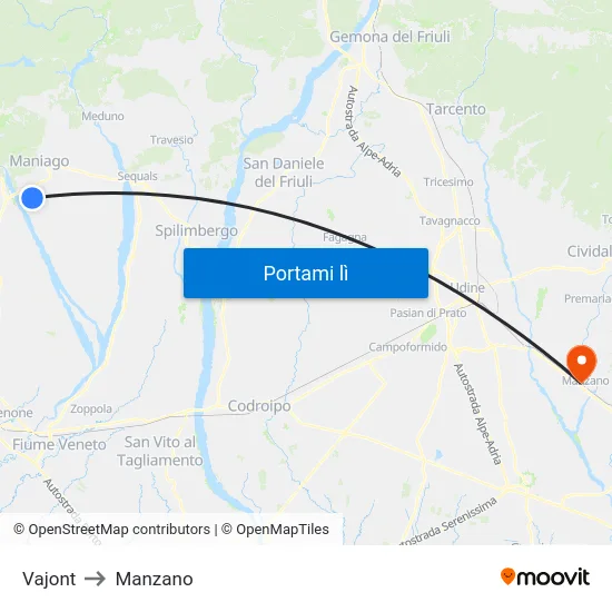 Vajont to Manzano map