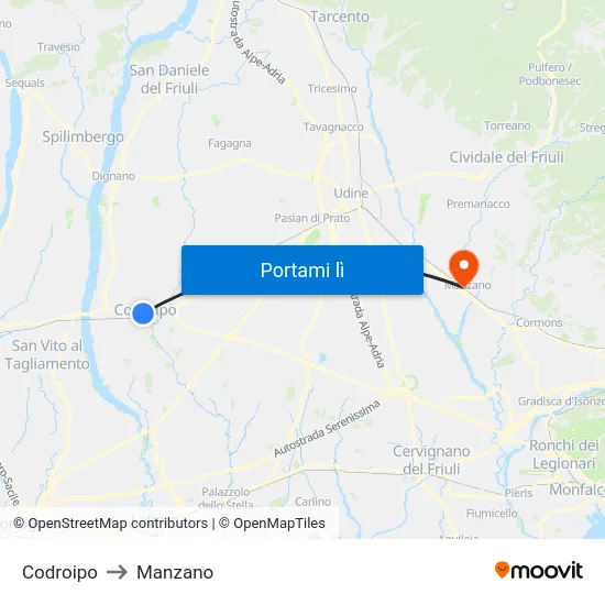 Codroipo to Manzano map