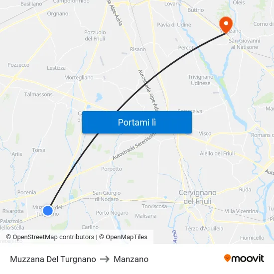Muzzana Del Turgnano to Manzano map