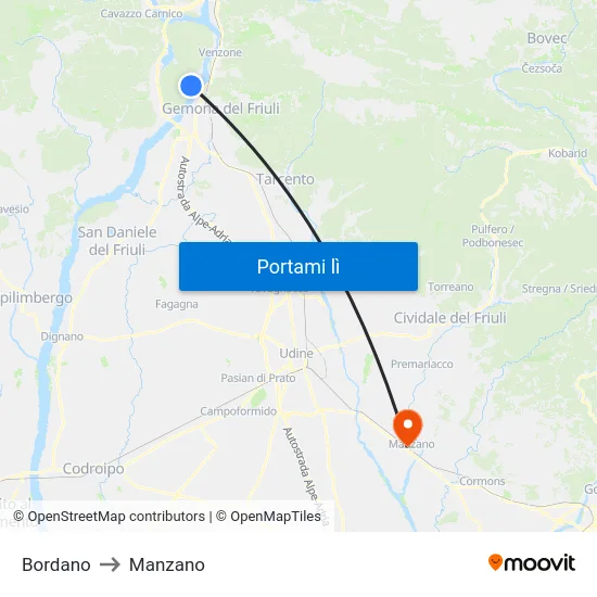 Bordano to Manzano map
