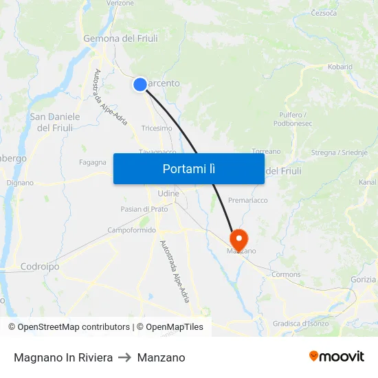Magnano In Riviera to Manzano map