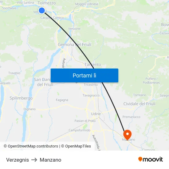 Verzegnis to Manzano map