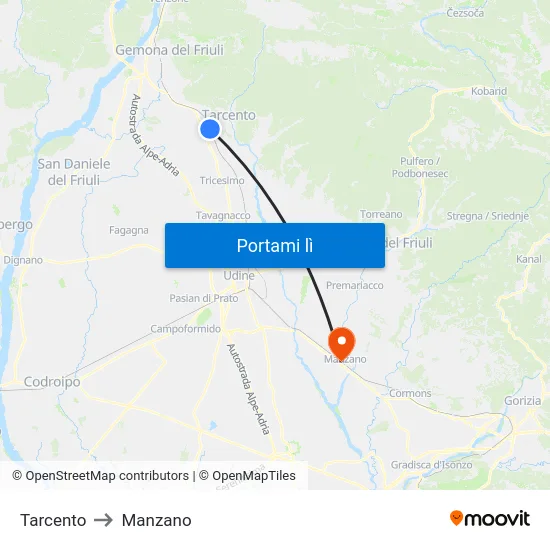 Tarcento to Manzano map
