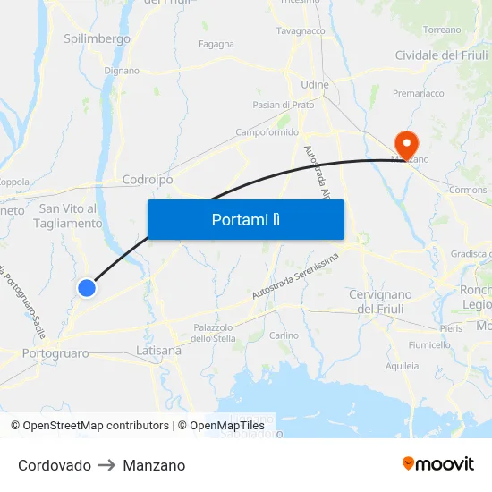 Cordovado to Manzano map