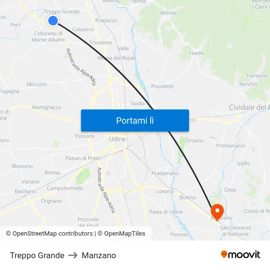 Treppo Grande to Manzano map