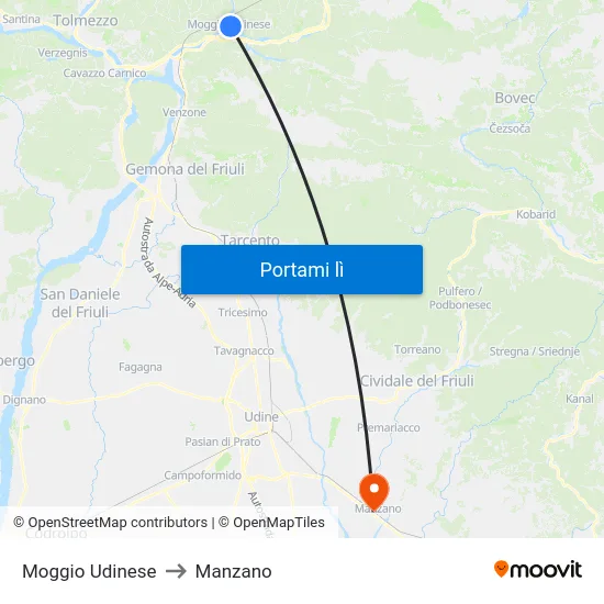 Moggio Udinese to Manzano map
