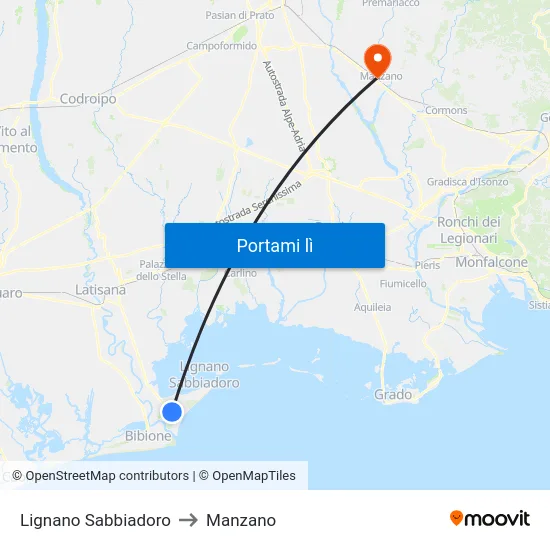 Lignano Sabbiadoro to Manzano map