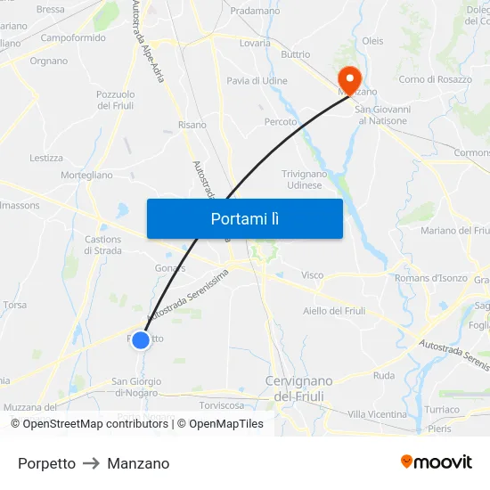 Porpetto to Manzano map