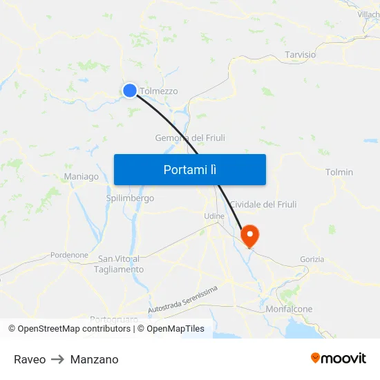 Raveo to Manzano map