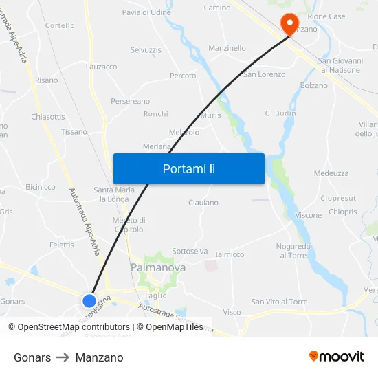 Gonars to Manzano map