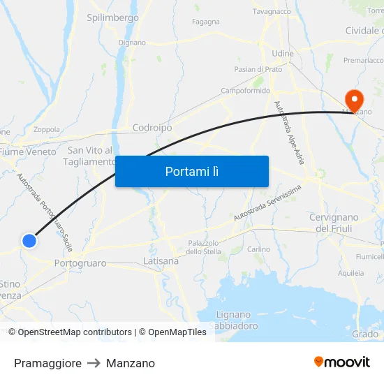 Pramaggiore to Manzano map