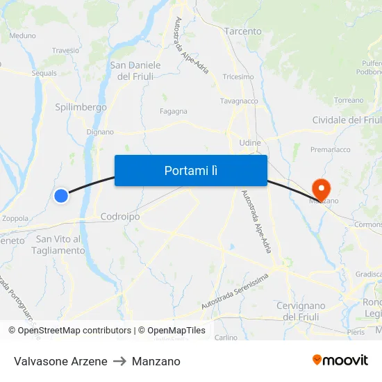 Valvasone Arzene to Manzano map